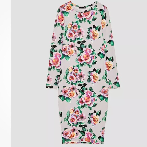 Zara NEW Floral Stretch Pencil Bodycon Fitted Midi Dress Boho Crew Long Sleeve M - Picture 5 of 16